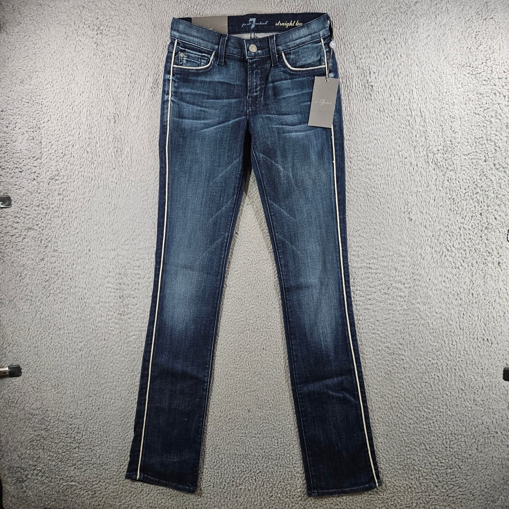 7 For All Mankind Straight Leg Jeans Dark Wash Tuxedo Stripe Size 24